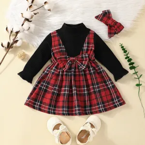 2pcs Baby Girl Rib Knit Mock Neck Long-sleeve Spliced Plaid Bow Front Dress with Headband Set #830572