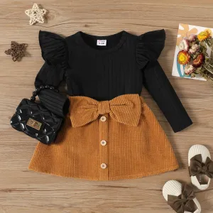 2pcs Baby Girl Rib Knit Ruffled Long-sleeve Top and Button Front Corduroy Skirt Set #202564