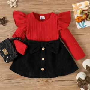 2pcs Baby Girl Rib Knit Ruffled Long-sleeve Top and Button Front Corduroy Skirt Set #206591