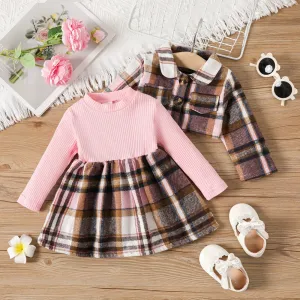 2pcs Baby Girl Ribbed Plaid Dress and Buttons Front Lapel Collar Coat Set #1055847