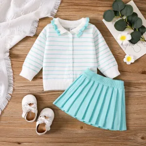 2pcs Baby Girl Ruffle Buttons Front Stripe Long-sleeve Sweater and Solid Pleated Skirt Set #1057405