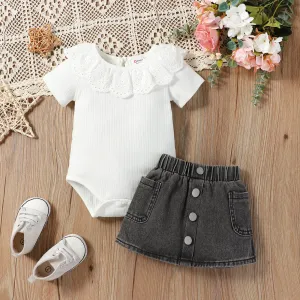 2pcs Baby Girl Ruffle Collar Short-sleeve Rib-knit Bodysuit and Denim Skirt Set #1041445