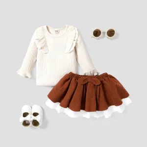2pcs Baby Girl Ruffle Edge Solid color Top and Bowknot Multi-layered Skirt Set