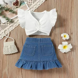 2pcs Baby Girl Ruffle Sleeve Solid Top and Back Pockets Skirt Set #1044541
