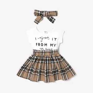 2pcs Baby Girl Short-sleeve Letter Print Spliced Plaid Dress & Headband Set #777020