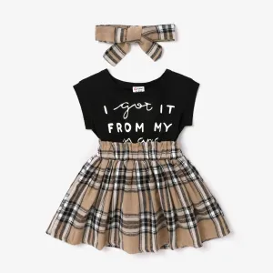 2pcs Baby Girl Short-sleeve Letter Print Spliced Plaid Dress & Headband Set #777026