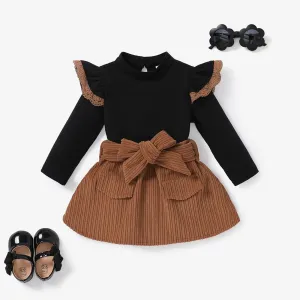 2PCS Baby Girl Solid Color Long Sleeve Lace Top/Belt Dress Set #1117992