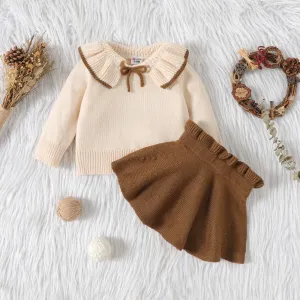 2pcs Baby Girl Solid Knitted Ruffle Trim Long-sleeve Top and Skirt Set #831234