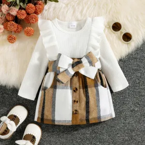 2pcs Baby Girl Solid Rib Knit Ruffle Trim Long-sleeve Romper and Button Front Plaid Belted Skirt Set #211542