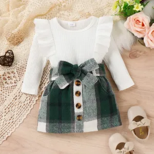 2pcs Baby Girl Solid Rib Knit Ruffle Trim Long-sleeve Romper and Button Front Plaid Belted Skirt Set #214678