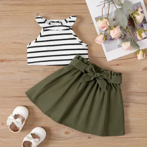 2pcs Baby Girl Stripe Ribbed Halter Neck Top and Belted Solid Skirt Set #1042099