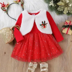 2PCS Baby Girl Sweet Christmas Coat/Long Sleeve Dress Set #1167757