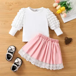 2pcs Baby Girl Sweet Solid Color Puff Sleeves Skirt Set #1058038