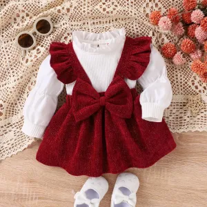 2PCS Baby Girl  Sweet Solid Color Ruffle Edge Long Sleeve Dress Set #1094732
