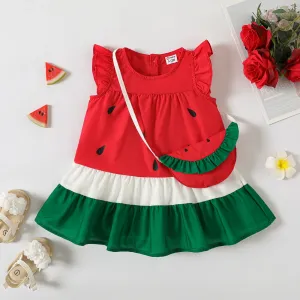 2pcs Baby Girl Watermelon Design Colorblock Ruffle Hem Flutter-sleeve Dress and Crossbody Bag Set #865276