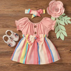 2pcs Baby Girl White Ribbed Splicing Striped Bowknot Frill Puff-sleeve Dress with Headband Set #1265054