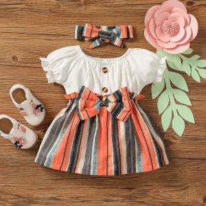 2pcs Baby Girl White Ribbed Splicing Striped Bowknot Frill Puff-sleeve Dress with Headband Set #720055