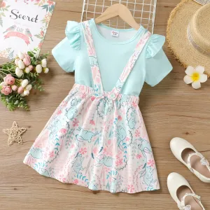 2pcs Baby Girls Childlike  Animal Pattern Rabbit Flutter Sleeve Top and Skirt Suit #1324340
