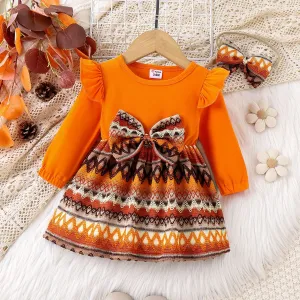 2pcs Baby Girls Sweet Ethnic Ruffled Bowknot design Dress #1193974