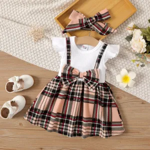 2pcs Baby Solid Cotton Ribbed Ruffle Long-sleeve Spliced Plaid Bow Front Dress & Headband Set #228908