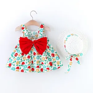 2pcs Floral Print Bowknot Sleeveless Baby Dress & Hat Set #200965