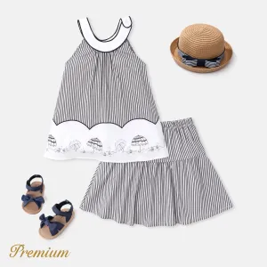 2pcs Kid Girl 100% Cotton Umbrella Sailboat Print Striped Tank Top and Stripe Skirt Set #1038490