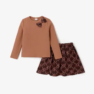 2pcs Kid Girl 3D Bowknot Design Long-sleeve Tee and Allover Print Skirt Set #209535