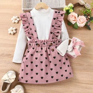 2pcs Kid Girl 95% Cotton Ribbed Solid Long-sleeve Top and Allover Heart Print Ruffle Strappy Skirt Set #1059028