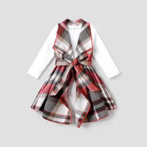 2pcs Kid Girl Basic Tshirt and Asymmetrical Hemline Grid/Houndstooth Dress Set with Belt #1317419