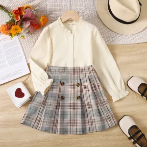 2PCS Kid Girl  Beautiful Agaric Edge Shirt /Sweet Grid/Houndstooth Skirt #1161863