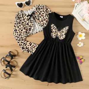 2pcs Kid Girl Butterfly Print Sleeveless Black Dress and Leopard Print Long-sleeve Cardigan Set #202213