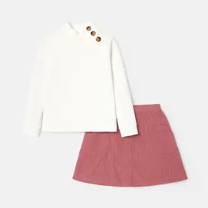 2pcs Kid Girl Button Design Mock Neck Long-sleeve Tee and Pocket Design Skirt Set #233890