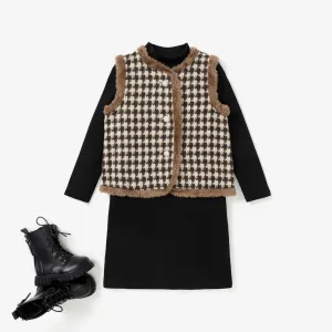 2PCS Kid Girl Button Feature Grid/Houndstooth Vest/Skirt Set #1165726