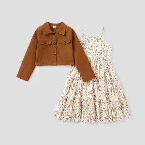 2pcs Kid Girl Buttons Front Long-sleeve Jacket and Allover Floral Print Slip Dress Set #1082792