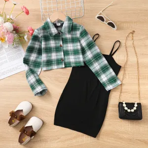 2pcs Kid Girl Buttons Front Plaid Lapel Collar Long-sleeve Shirt and Solid Slip Dress Set #1052277