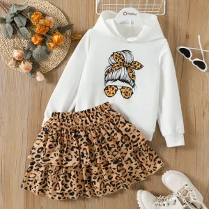 2pcs Kid Girl Cartoon Print White Hoodie Sweatshirt and Leopard Print Layered Skirt Set #203959