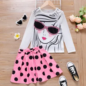 2pcs Kid Girl Character Print Long-sleeve Tee and Bowknot Design Polka dots Skirt Set #831211