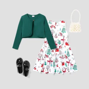 2pcs Kid girl Christmas Pattern Button Design Skirt Suit #1190331