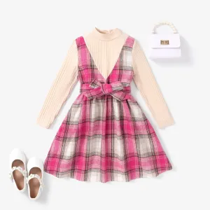 2PCS Kid Girl Classic Plaid Stitching Houndstooth Grid Dress Set #1068751