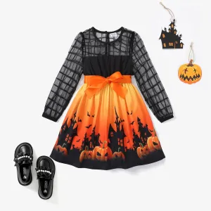 2PCS Kid Girl  Fabric Stitching Halloween Dress Set #1093575
