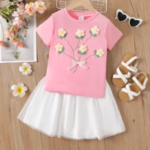 2pcs Kid Girl Floral Pattern Short-sleeve Tee and Mesh Solid Skirt Set #1048278