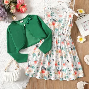 2pcs Kid Girl Floral Print Sleeveless Dress and Bowknot Design Cardigan Set #215868