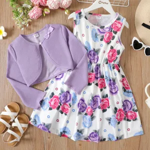2pcs Kid Girl Floral Print Sleeveless Dress and Long-sleeve Purple Bowknot Design Cardigan Set #1032176