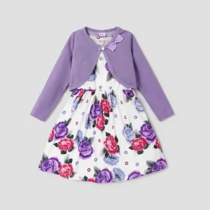2pcs Kid Girl Floral Print Sleeveless Dress and Long-sleeve Purple Bowknot Design Cardigan Set #201580
