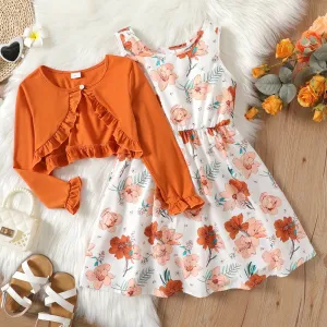 2pcs Kid Girl Floral Print Sleeveless Dress and Ruffled Long-sleeve Orange Cardigan Set #201726