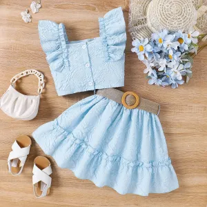 2pcs Kid Girl Floral Textured Square Collar Ruffled Top and Belted Skirt Set #1044077