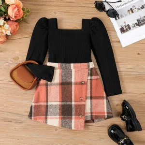 2pcs Kid Girl Grid Asymmetrical Hemline Suit Dress #1061381