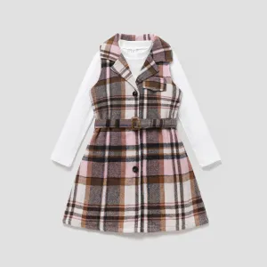 2PCS Kid Girl Grid/Houndstooth Fashionable Lapel Skirt Set #1065429