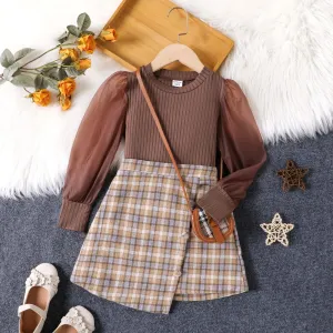 2PCS Kid Girl Grid Houndstooth Puff Sleeves Skirt Set #1100790