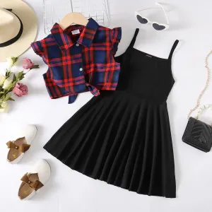 2pcs Kid Girl Knot Hem Plaid Shirt and Black Cami Dress Set #1044087